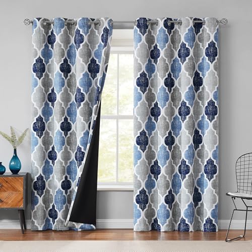 Beauoop Moroccan 100% Blackout Curtains Bedroom Blue Grey 50x108 2 Panels - Geometric Room Darkening Drapes for Living Room 108 Inch Long Thermal Insulated Soundproof Lattice Window Treatment Grommet