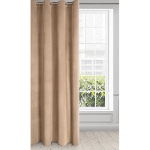 Eurofirany Velvet Super Soft Curtain with Eyelets - 1 Panel, Room Darkening Window Treartment, Drapes for Bedroom, Kitchen, Living Room, W53 x L98, Dark Beige