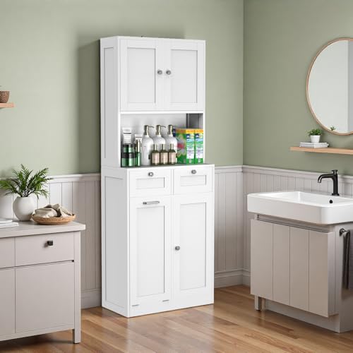 Feonase Double-Tier Wooden Bathroom Cabinet with Dual Side Doors (4 Shelves), Central Open Shelf, 2 Drawers & Removable Laundry Hamper – Spacious Vertical Storage Solution, White