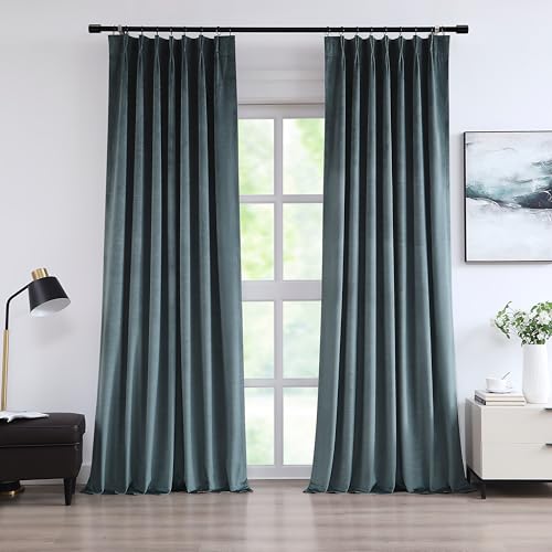 "Vision Home Blue Velvet Pinch Pleated Blackout Curtains 95% Room Darkening Window Curtains 95 inch for Living Room Bedroom Thermal Insulated Back Tab Velvet Drapes Pin Hooks 40"" Wx95 Lx2,Storm Blue"