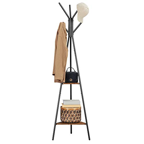 VASAGLE Coat Rack with Stands, Coat Rack, Hallway, Industrial Style, with 2 Shelves, for Clothes, Hats, Bags, Rustic Brown and Black RCR16BXV1