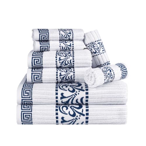 Superior 8 Piece Cotton Towel Set, Highly-Absorbent Plush Decorative Bohemian, Greek Key Trim Jacquard Dobby Border, Face Towels 13” x 13”, Hand Towels 16” x 30”, Bath Towels 30” x 52”, Navy-Blue