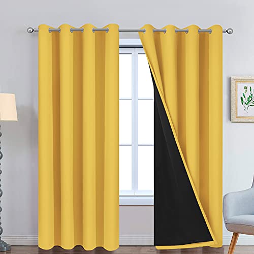 Yakamok 100% Blackout Curtains Energy Saving Thermal Insulated 2 Thick Layers Fully Blackout Curtains with Black Lining for Bedroom (52W x 84L, Mustard Yellow, Pack of 2)