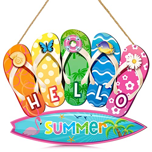 Summer Slippers Hanging Sign Shape Welcome Hello Flip Flop Wooden Door Sign Hanging Plaque Rustic Wall Sign Yard Indoor Outdoor Garden Decoration with Rope (Hello Summer)