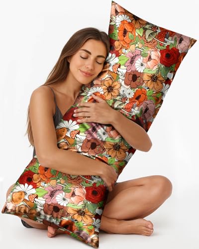 Miss Adola Silk Body Pillow Cover with Zipper - 20x54 Inch Silk Long Pillow Case for Women Ladies Adults Soft Bed Decorative Cute Boho Large Body Pillowcase Sham for Hair and Skin, Flower Mogu