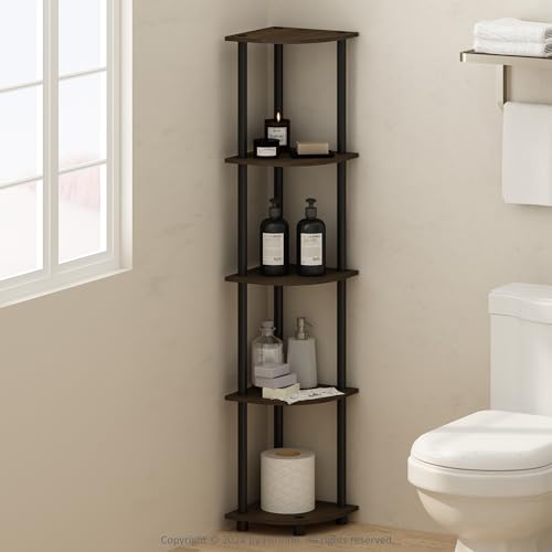 Furinno TURN-N-TUBE Corner Shelf, 5-Tier Corner Display Rack, Shelving Unit, for Organization and Storage, Living Room, Home Office, Garage, Bedroom, Dark Brown Grain