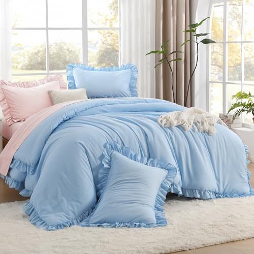 Litanika King Comforter Set, 3 Pieces Light Blue Ruffle Bedding Set - Farmhouse Shabby Chic Aesthetic Soft Fluffy Lightweight Breathable Bed Set for Girls Women Room Decor Gift All Season