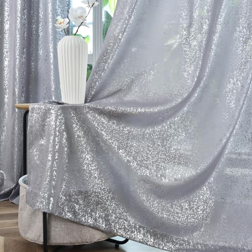 TERLYTEX Silver Curtains for Bedroom, Metallic Foil Dots Printed Glam Sparkle Curtains 63 Inch Length, Grommet Privacy Semi-Sheer Shimmer Curtains, 52 x 63 Inch, 2 Panels, Silver Grey