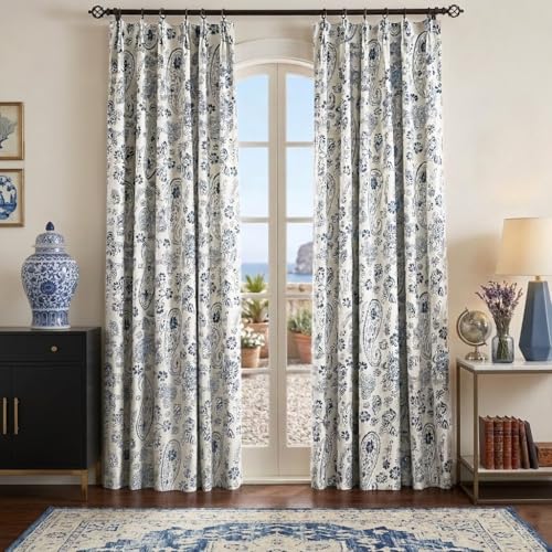 Navy Blue Paisley Floral Pinch Pleated Blackout Curtains 84 Inch Length for Living Room Bedroom