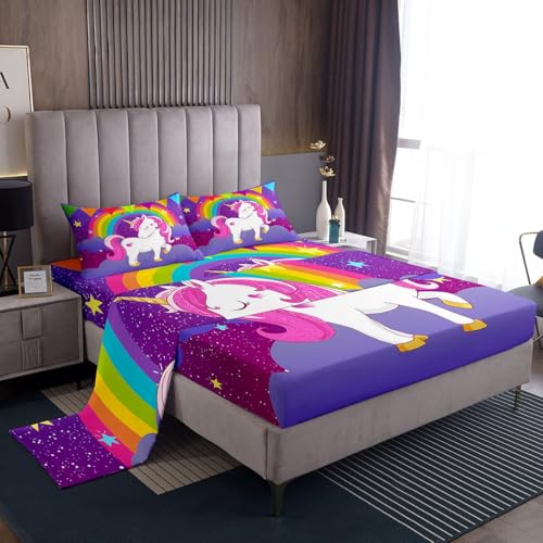 Erosebridal Kids Unicorn Bed Sheets - King Size Cute Unicorn Print Bedding Set for Girls, Includes Fitted & Flat Sheets, Room Decor in White & Purple