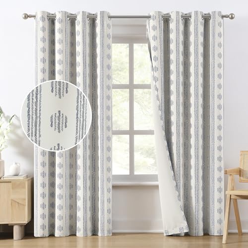 "Melodieux Boho Curtains 2 Panels Set 52""W x 84""L Blue on Beige Striped Pattern Cotton Bedroom Living Room Darkening Thermal Insulated"