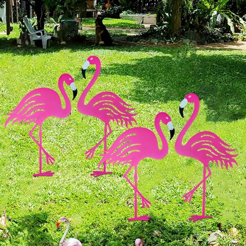 Riakrum 4 Pcs Pink Flamingos Yard Decorations Flamingo Garden Statue Metal Stakes Flamingos Yard Ornaments Metal Yard Decorative Bird Sculpture for Outdoor Lawn, Patio Backyard Art Decor
