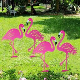 Riakrum 4 Pcs Pink Flamingos Yard Decorations Flamingo Garden Statue Metal Stakes Flamingos Yard Ornaments Metal Yard Decorative Bird Sculpture for Outdoor Lawn, Patio Backyard Art Decor