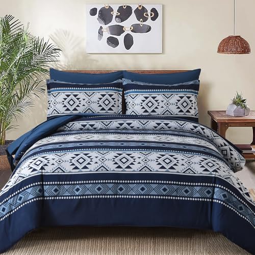 Anibedding Navy Blue Comforter Set Queen Size,7 Pieces Boho Bed in a Bag Aztec Western Bedding Set, Soft Microfiber Bed Comforter Set for All Season
