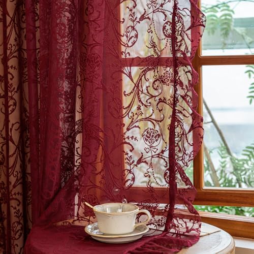 TUDECO Burgundy Lace Curtains 63 inches Long - Victorian Floral Bird Ruffle Curtains for Bedroom Boho Privacy, Dark Red, Light Filtering