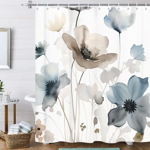 Torich Cute Boho Floral Shower Curtain for Bathroom, Watercolor Ink Flower Plant Leaf Bath Curtains, Nature Scenery Romantic Waterproof Shower Curtain Sets 72x84 with Hooks