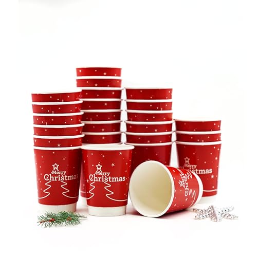 Nicoman Christmas Paper Cups 8oz with Tree Design, Disposable Hot Beverage Cups (Cups 8oz, Pack of 25)