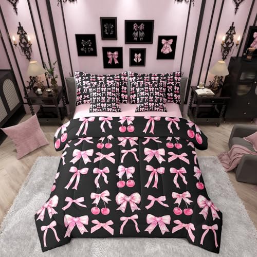 Pink Cherry Bow 7 Piece Comforter Set Full Bed in a Bag, Cute Silk Ribbon Bowknot Bedding Sets Princess Bow Tie Comforter and Sheet Set, Dreamy Kawaii Room Decor,Girly Hot Pink and Black Room Decor