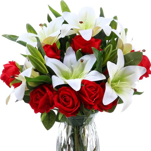 Hotop 20 Pcs Artificial Flowers Velvet Realistic Roses and Latex Lilies Flowers Bouquet Decorations Arrangements for Home Table Centerpieces Wedding Decor(White, Red)