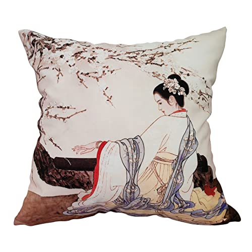 whooplaArt Decorative Velvet Pillow Cover Beauty Girl Double Sides Asian Lady Royal Court Chinese Style Pillowcases 18x18 Inch 45cm (LC-687)