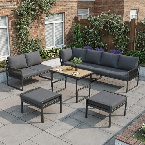 Ball & Cast 7-8 Seater Garden Corner Sofa Set, Outdoor Patio Furniture with Adjustable Rising Coffee Table and Armchair, Weather-Resistant Garden Lounge Sofa for Patio & Balcony, Grey