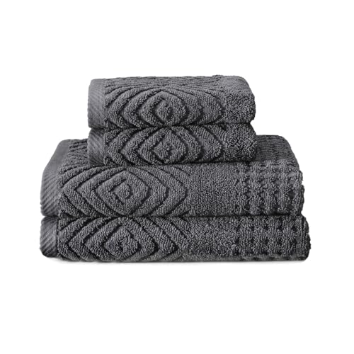 Texere 100% Organic Cotton Diamond Jacquard 700 GSM Luxury Bath Towel Sets - Ultra Soft and Absorbent Hotel and Spa Quality (Diamond, Charcoal, 2 Hand & 2 Face Towels)