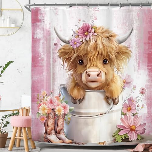 "Funny Highland Cow Pink Western Farmhouse Cute Bathroom Shower Curtain Set - 72""W x 72""H Floral Animal waterproof HD print, quick-dry fabric with plastic hooks for easy hanging."
