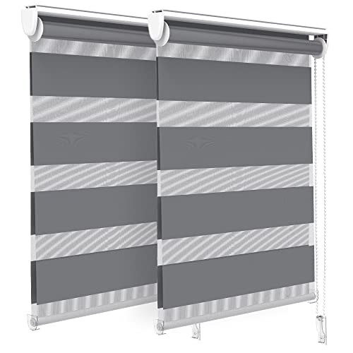 VOUNOT® Set of 2 Day and Night Blinds No Drill, Zebra Roller Blinds for Windows, Double Layer Translucent and Blackout Fabric, Easy Installation Window Shades, Grey, 55 x 150 cm