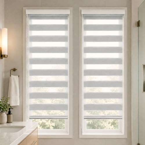 VOUNOT® Set of 2 Day and Night Blinds No Drill, Zebra Roller Blinds for Windows, Double Layer Translucent and Blackout Fabric, Easy Installation Window Shades, Grey, 55 x 150 cm