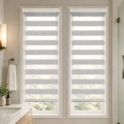VOUNOT® Set of 2 Day and Night Blinds No Drill, Zebra Roller Blinds for Windows, Double Layer Translucent and Blackout Fabric, Easy Installation Window Shades, Grey, 55 x 150 cm