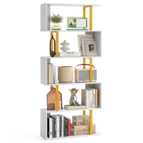 CASART S-Shaped Bookshelf, 5/6 Tiers Freestanding Bookcase with Metal Frame & Anti-Tipping Device, Modern Display Shelf Storage Shelving Unit for Living Room Bedroom Office (5-Tier:70 x 24 x 157cm)