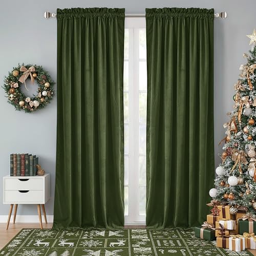 StangH Christmas Velvet Curtains Moss Green Heavy Thermal Insulated Drapes Privacy Bedroom Curtains Room Darkening Panels for Living Room Sliding Glass Door, W52 x L84, 2 Panels