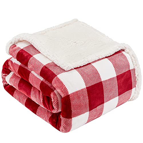 "Touchat Sherpa Red and White Buffalo Plaid Christmas Throw Blanket, Fuzzy Fluffy Soft Cozy Blanket, Fleece Flannel Plush Microfiber Blanket for Couch Bed Sofa (60"" X 70"", Red and White)…"