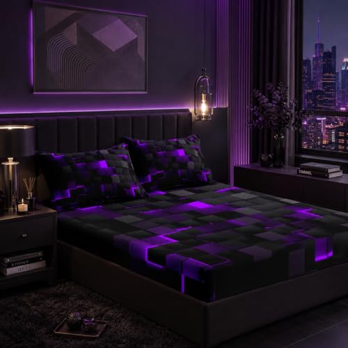"Nttopship Soft Bedding Fitted Sheet Queen Size,Geometric Purple Black Microfiber Fitted Sheet with 16"" Deep Pockets Fitted Sheet Room Decor,Bed Sheets & 2 Pillowcases for Kids Boys and Girls"