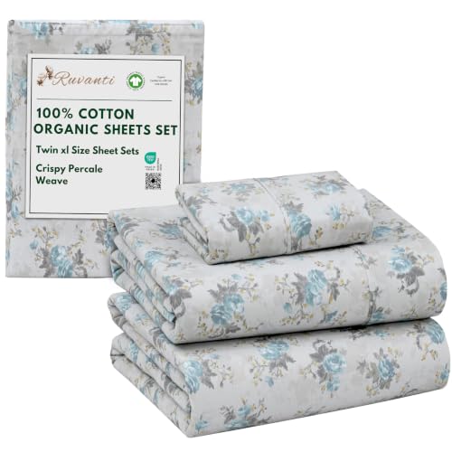 "RUVANTI 100% Cotton Organic Percale Sheets Twin XL, Blue Rose - Crisp Cooling for Hot Sleepers, Deep Pocket 15"", Soft Peach Finish, Breathable & Durable Hotel-Style, 3 Pcs"