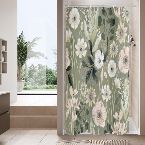 MitoVilla Small Stall Boho Shower Curtain 36 x 72, Modern Floral Narrow Half Size Chic Shower Curtains for Spring Bathroom Decor, Summer Leaves Shower Curtain 36 inch