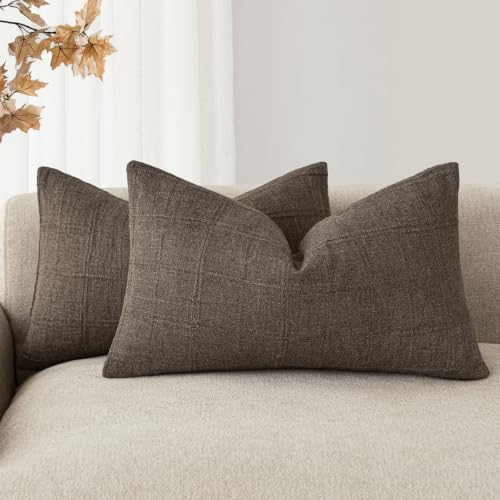 Foindtower Set of 2 Decorative Linen Check Throw Pillow Covers Neutral Farmhouse Lumbar Cushion Covers Modern Boho Home Decor for Sofa Chair Couch Bedroom Living Room,12??20 Inch,Dark Brown