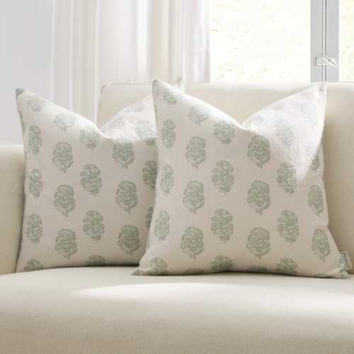 Meekio Set of 2 Pale Sage Floral Block Print Pillow Covers 16 x 16 inches Linen Throw Pillow Covers for Sofa Couch Decor
