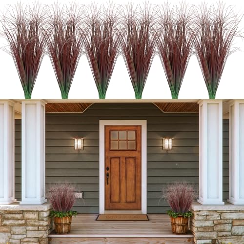 LUZOGA 24 Bundles Artificial Grass Plants Outdoor Tall Faux Shrubs Greenery Stems Fake Onion Grasses Wheat Grass UV Resistant Faux Bushes Plant for Garden Indoor Office Home Decor???Red