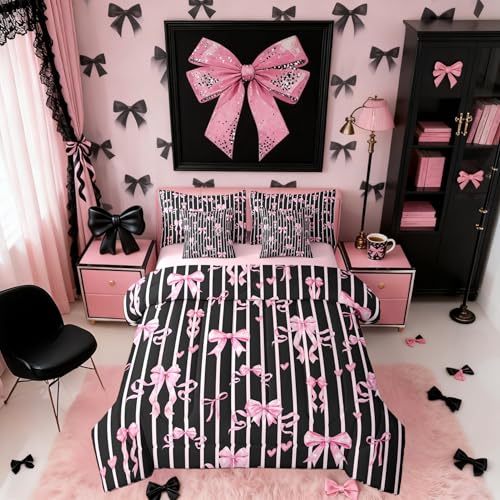 Erosebridal Pink Bowknot Comforter Set 7 Piece Queen Kawaii Girly Bows Bedding Set Princess Butterfly Knot Bed in A Bag with Sheets for Kids Girls Women Bedroom Decor,Preppy Trendy Black Bed Set