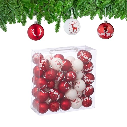 Relaxdays Christmas Baubles, Set of 50, Reindeer Design, Festive Tree Ornaments, 6 cm, Decorations, Plastic, Red/White