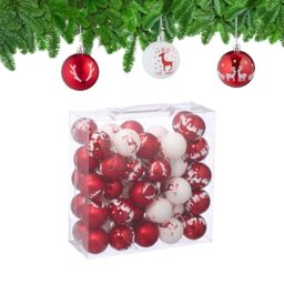 Relaxdays Christmas Baubles, Set of 50, Reindeer Design, Festive Tree Ornaments, 6 cm, Decorations, Plastic, Red/White