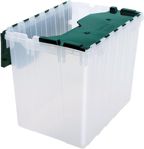 Akro-Mils KeepBox 68L Storage Container, Nesting and Stackable Plastic Storage Box with Lid Attached, Organizer Tote for Garages, Closets, and Moving, 38.7 cm W x 54.6 cm D x 43.1 cm H, Clear/Green