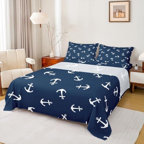 Manfei Queen Size Nautical Anchor Bedding Set, 4pcs Navy Blue Sheet Set with Deep Pocket Fitted Sheet + Flat Sheet + 2 Pillowcases