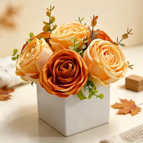 Fall Artificial Orange Silk Fake Rose with Ceramic Vase Autumn Table Decor - White Ceramic Vase Floral Arrangement, Autumn Decor for Office Kitchen Shelf Bathroom Shelf FarmhouseThanksgiving Halloween