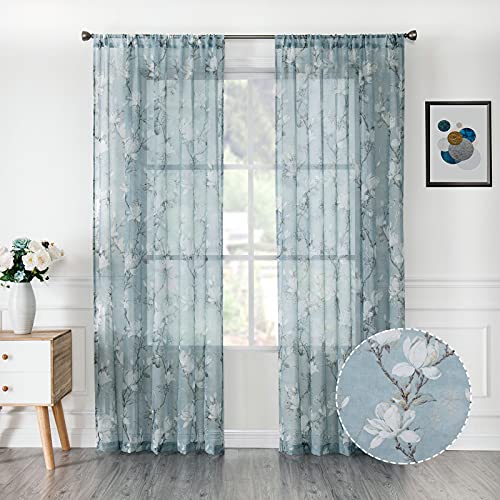 Tollpiz Floral Short Blue Sheer Curtain Flower Print Vine Embroidery Bedroom Curtains Rod Pocket Voile Window Curtain for Living Room, 54 x 54 inches Long, Set of 2 Panels