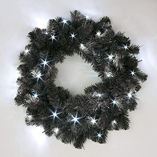 55cm Pre-Lit Black Christmas Wreath Alaskan Pine for Fireplaces Home Wall Door Stair Artificial Xmas Tree Garden Yard Decorations with 30 Cool White LEDs
