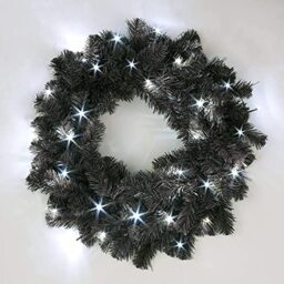 55cm Pre-Lit Black Christmas Wreath Alaskan Pine for Fireplaces Home Wall Door Stair Artificial Xmas Tree Garden Yard Decorations with 30 Cool White LEDs