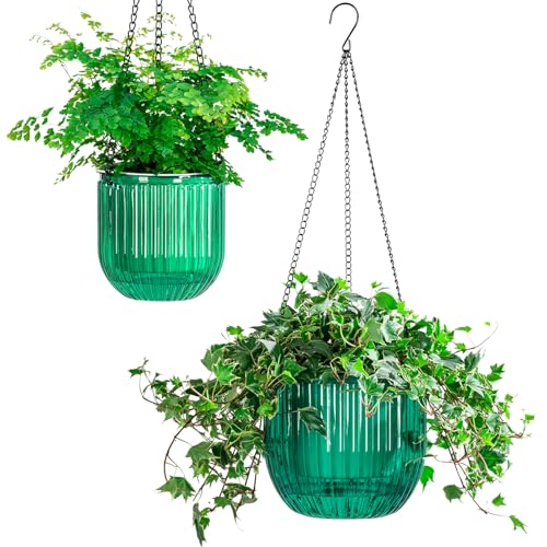 Melphoe 2 Pack Self Watering Hanging Planters Indoor Flower Pots, 5.3/8.3 Inch Outdoor Hanging Basket, Plant Hanger with 3Hooks Drainage Holes for Garden Home (Emerald)