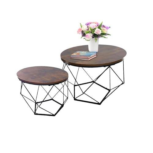 Relaxdays nest tables, set of 2, wood effect & metal, industrial design, round side tables, living room, brown/black